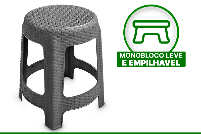 Banqueta Banquinho Plástico Rattan Premium Cinza Preto Lazer 110KG