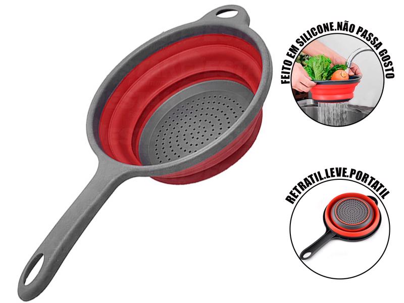 Escorredor De Silicone Redondo Multiuso Retratil Com Cabo Legumes Massa Alimentos