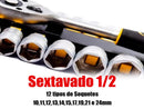 Jogo De Soquetes Sextavado 12 Peças 1/2 Catraca Reversível Profisional