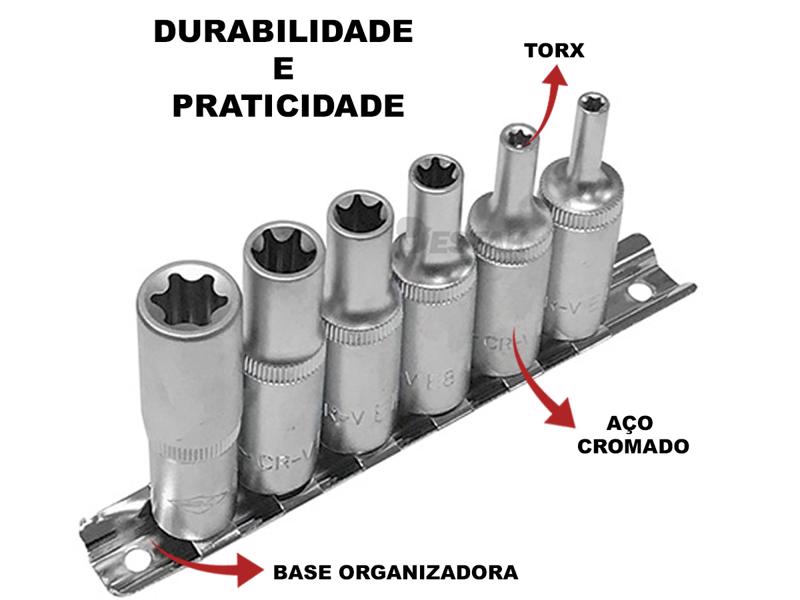 Jogo De Soquete Com 6 peças Torx Longo Corneta Ferramentas Resistente Profissional Suporte Organizador