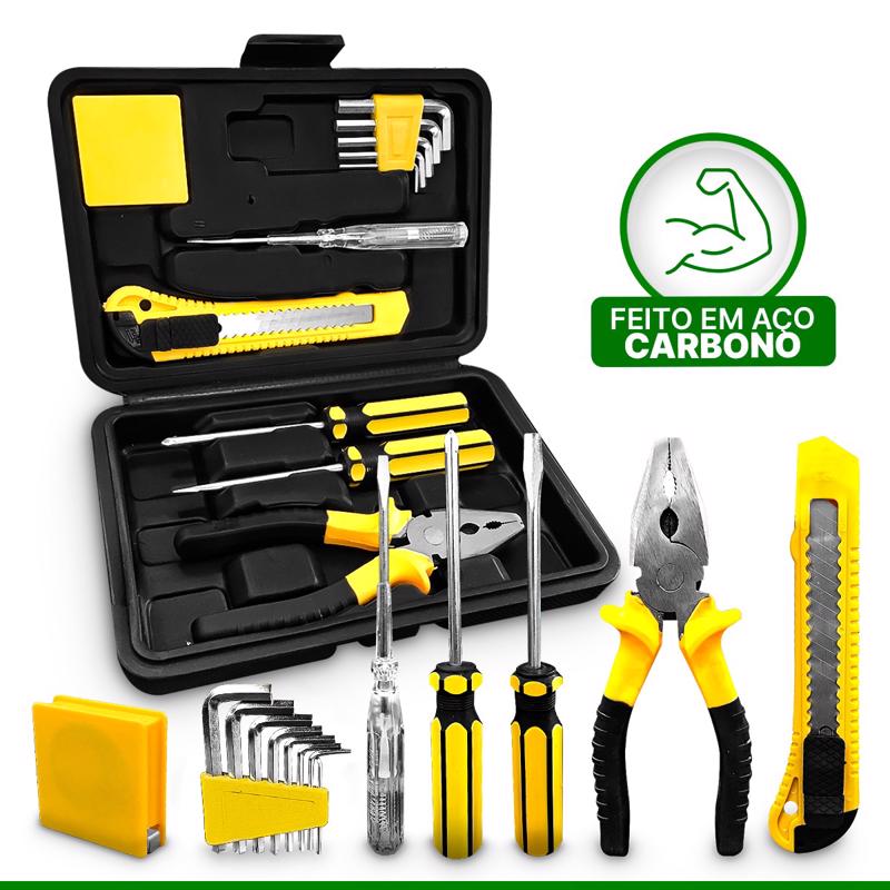 Kit Ferramentas Com Maleta 14 Peças Alicate Chave Phillips Fenda Grampeador Tapeceiro