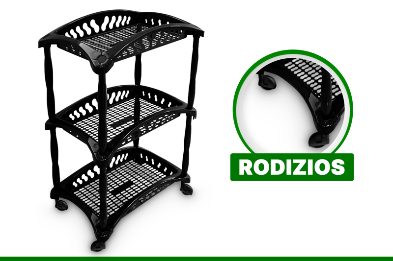 Organizador Vertical Triplo Telado Multiuso Fruteira Preto Com Rodinhas