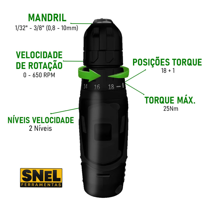Parafusadeira 12V Bateria Quadrada Sn25 Snel Ferramentas